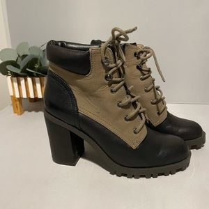 Aldo Womens Size 6 Black & Green Leather High Heel Combat Boots Ankle